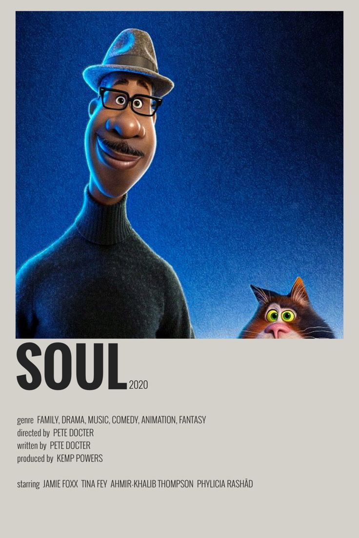 an advertisement for the movie soul with a man in a hat and glasses next to a cat