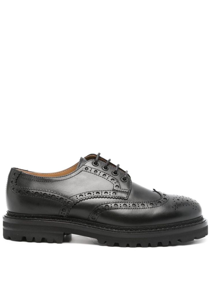 black calf leather smooth grain front lace-up fastening perforated design round toe branded leather insole rubber sole Oxford Shoes Brown, Oxford Brogues, Leather Brogues, Leather Oxford Shoes, Mens Black Leather, Leather Shoes, Calf Leather, Lace Front, Black Shoes