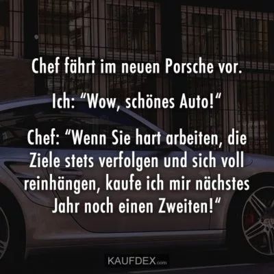 a silver sports car parked in front of a building with the caption'chef fahrt im neeuen porsche vor