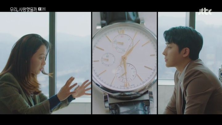 two pictures of a man and woman sitting next to each other in front of a large clock