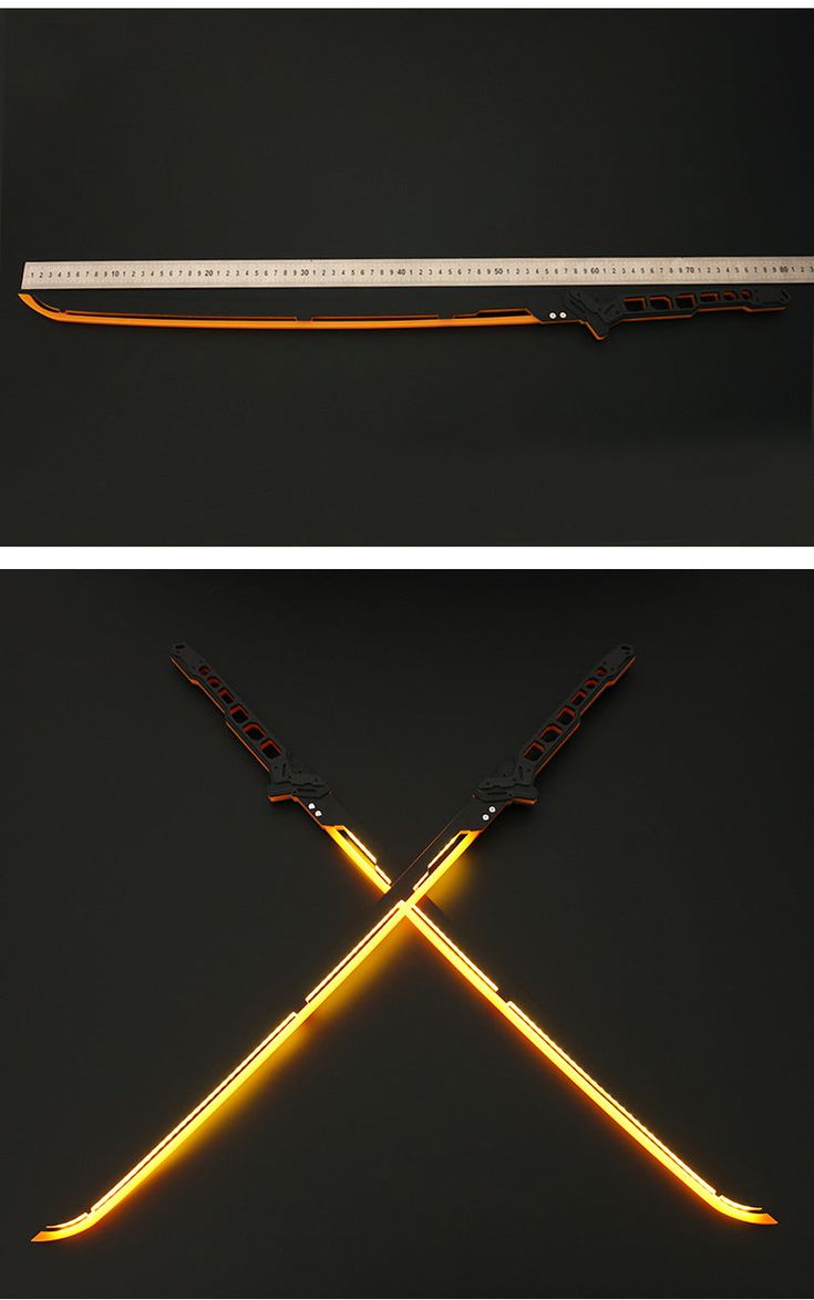 two different angles of a knife with yellow lights