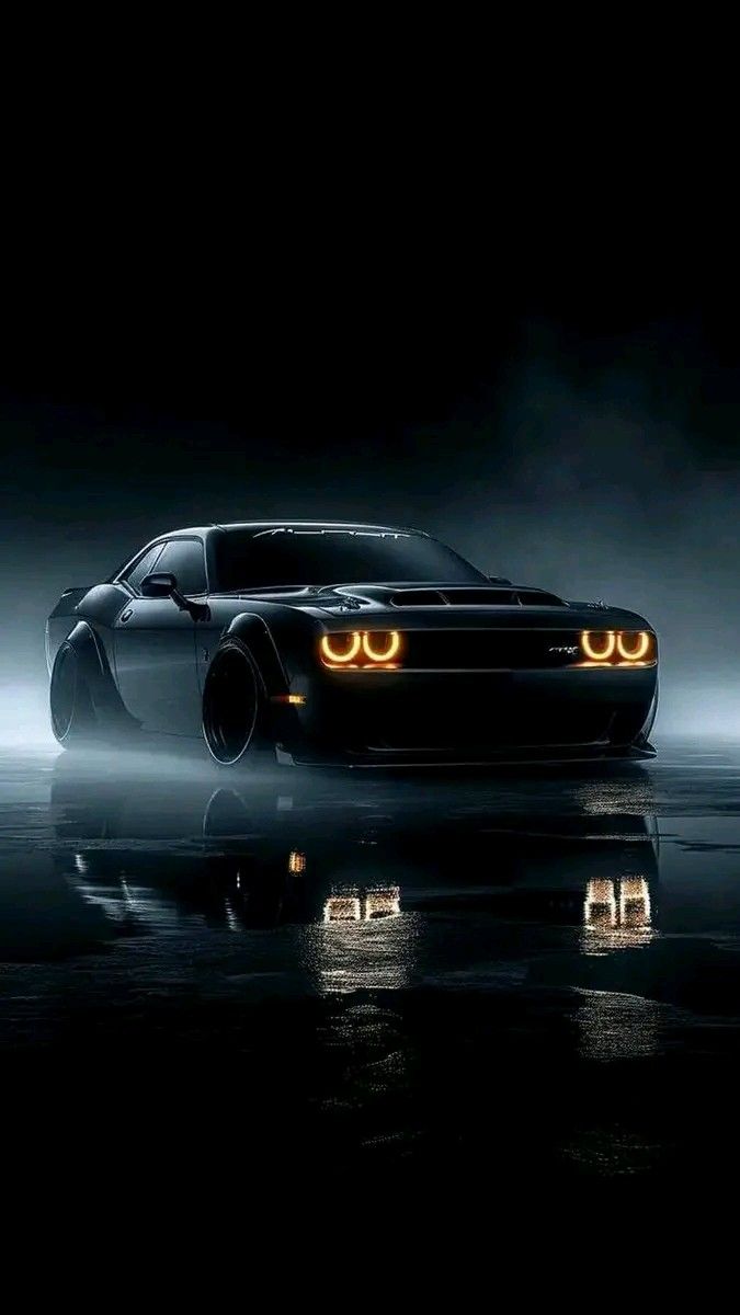 a black sports car with glowing eyes in the dark water at night or foggy day