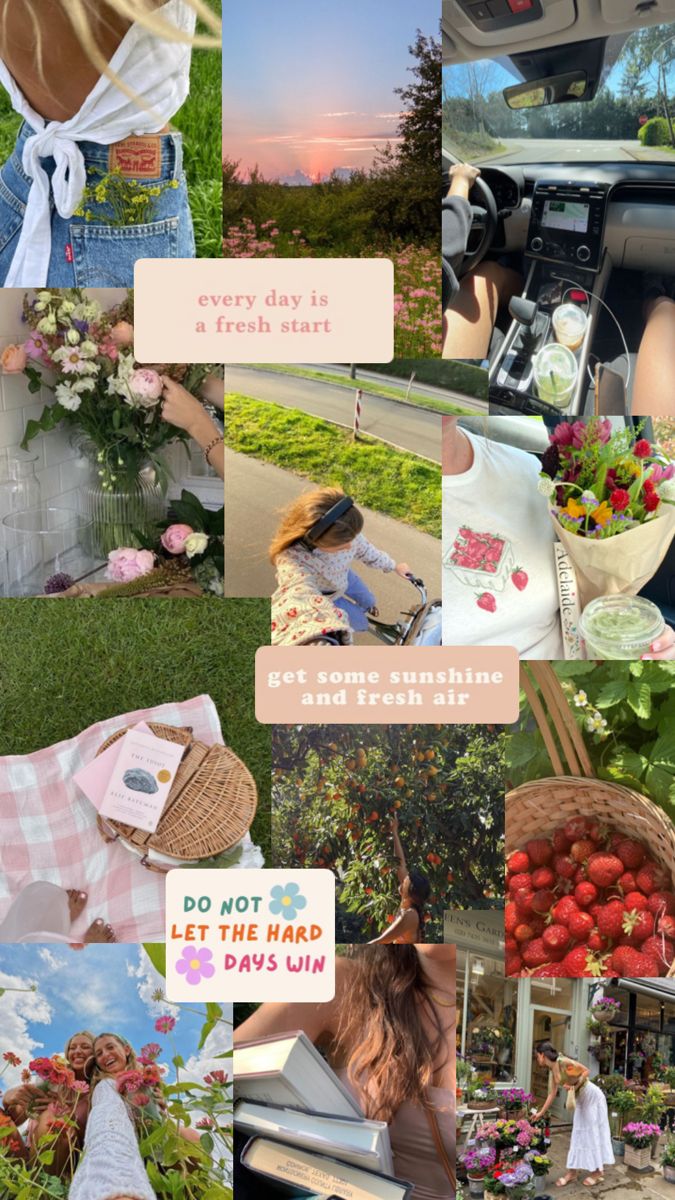 a collage of photos with strawberries and flowers