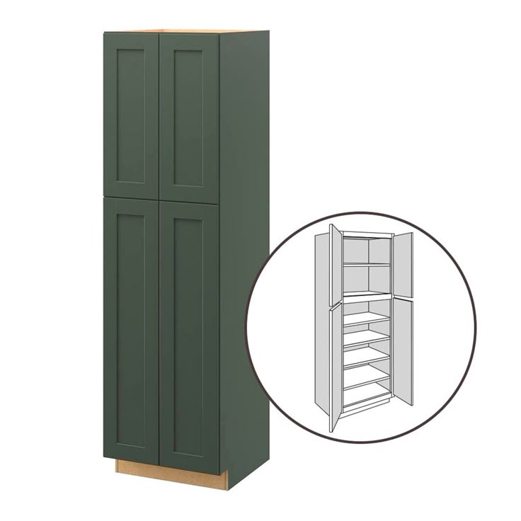 Galway brings a new look to a Shaker-style door in a cool, dark green. This charming cabinet adds character and color to any home for a nature-inspired, serene feel. allen + roth Galway 24-in W x 84-in H x 24-in D Sage Pantry Fully Assembled Cabinet (Flat Panel Shaker Door Style) in Green | 63131GW Sage Pantry Cabinets, Dark Green Bar Cabinet, Green Cabinets Butcher Block Countertops, Pantry Cabinet Ideas, Barn Door Pantry Cabinet, Dark Green Mudroom Lockers, Modern Corner Cabinet, 36” Wide Pantry Cabinet, Barn Remodel