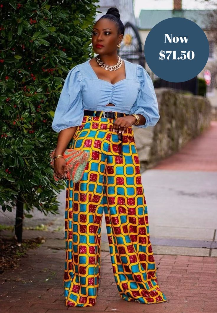 If you are looking for a stylish and comfortable outfit, then African print wide leg pants are a great option. These pants are not only comfortable, but they are also fashionable and can be worn for various occasions. Made with high-quality African print fabrics, these pants are vibrating with various colors and patterns, giving you a wide range of tops to pair them with. The African prints are unique and colorful, making them stand out from other types of pants. Chic Printed Cotton Pants, Printed Wide Leg Pants For Day Out, Printed Wide Leg Bottoms For Day Out, Wide Leg Printed Bottoms For Day Out, Chic Printed Ankle-length Wide Leg Pants, Chic Ankle-length Printed Wide Leg Pants, Chic Printed Cotton Bottoms, Trendy Printed Straight Pants, Printed Wide-leg Pants For Day Out