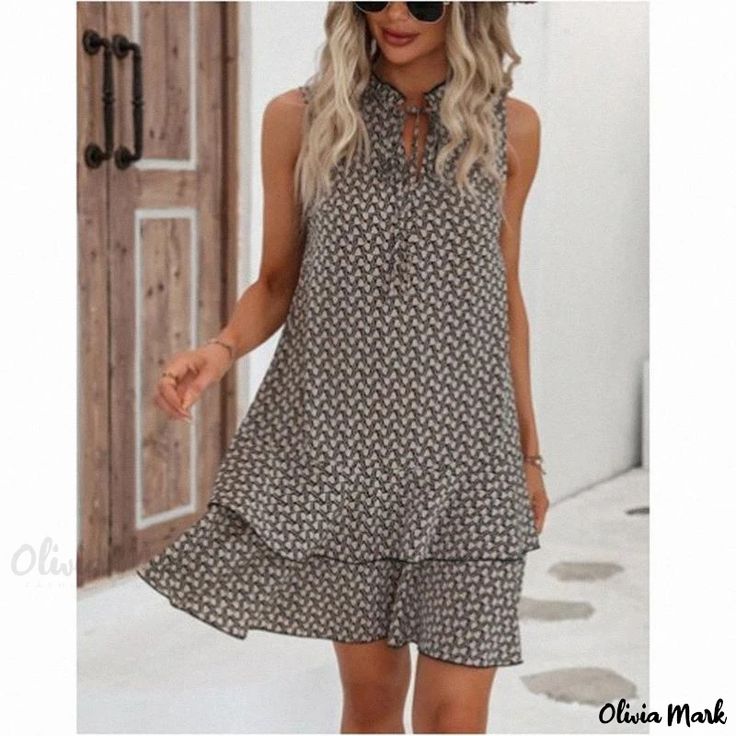 Olivia Mark - Sleeveless Printed Dress with Tie-neck Collar Sleeveless Skirt, Grey Midi Dress, Mini Dress Fashion, Belted Midi Dress, Cotton Blends Dress, Sleeveless Dress Summer, Linnet, Dress With Tie, Mid Length Skirts