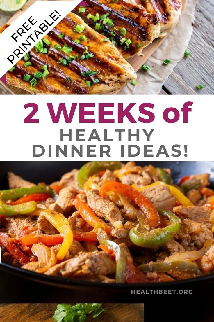 two different pictures with the words 2 weeks of healthy dinner ideas on them and an image of