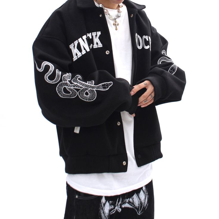 Spruce up your looks by adding the Knock Knock varsity jacket to your wardrobe. This unisex black college jacket is a long-lasting garment suitable for everyday use. It has a regular fit with embroidery on the front, back, and sleeves. College Jacket, College Jackets, Streetwear Jackets, Varsity Jackets, Letterman Jacket, Leather Sleeve, Sleek Look, Jacket Sale, Comfortable Outfits