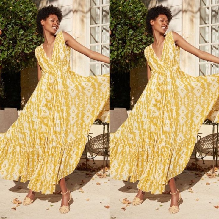 A Warm Mustard Hue And Sweeping Silhouette Are The Stars Of This Mes Demoiselles Maxi Dress. An Empire Waist Adds Femininity To This Piece, And Its Ruffled Hem Encourages You To Twirl The Day Away. A Loose Thread By The Zipper But Otherwise In Perfect Condition -Fabric: Mid-Weight, Non-Stretch Weave -Ikat Print -Ruffle Hem -Empire Waist -Double V Neckline -Hidden Zip At Side -Shell: 100% Cotton -Lined -Professional Spot Clean -Imported, India Nwt. Size 36 (Us 4) Sold Out Everywhere! Yellow Floor-length Maxi Dress For Beach, Yellow Bohemian Floor-length Maxi Dress, Yellow Floral Print Floor-length Dress, Yellow Tropical V-neck Maxi Dress, Yellow Printed V-neck Maxi Dress, Eyelet Maxi Dress, Tango Dress, Ikat Print, Chiffon Maxi