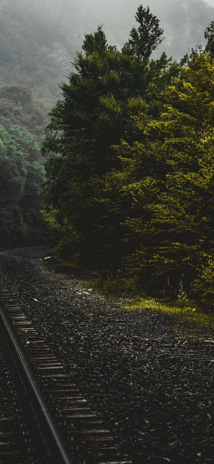 an empty train track with trees on both sides and foggy mountains in the background