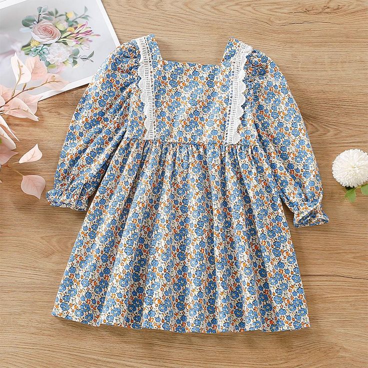 Toddler Kids Girls' Long Sleeve Lace Floral Dress - PrettyKid Light Blue Long Sleeve Cotton Dress, Light Blue Cotton Dress For Fall, Blue Long Sleeve Dress For Fall, Cute Multicolor Long Sleeve Dresses, Light Blue Cotton Printed Dress, Multicolor Long Sleeve Ditsy Floral Dress, Multicolor Long Sleeve Dresses With Ditsy Floral Print, Blue Printed Long Sleeve Dress, Lace Floral Dress