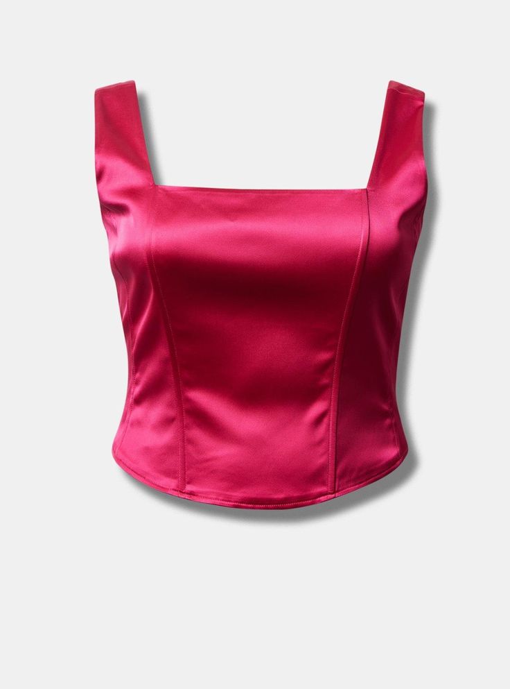 FIT Model is 5'7” wearing size 1. Measures 25” from shoulder (size 2). Fixed straps. Corset silhouette. . MATERIALS + CARE Satin woven fabric. . 61% acetate, 35% nylon, 4% spandex. Machine wash cold. Line dry. . Imported. DETAILS Square neckline. . Corset seams. . Back zip closure. . The best plus size women's satin sleeveless corset top bustiers & corsets in pink peacock made of satin. Torrid is your destination for cozy fall and winter clothes to keep you warm and comfortable. Party Satin Stretch Tank Top, Elegant Fitted Tank Top With Wide Straps, Elegant Evening Crop Top With Adjustable Straps, Chic Fitted Tank Top With Wide Straps, Chic Silk Sleeveless Crop Top, Chic Sleeveless Silk Crop Top, Elegant Stretch Crop Top With Straps, Chic Evening Crop Top With Adjustable Straps, Elegant Formal Summer Crop Top