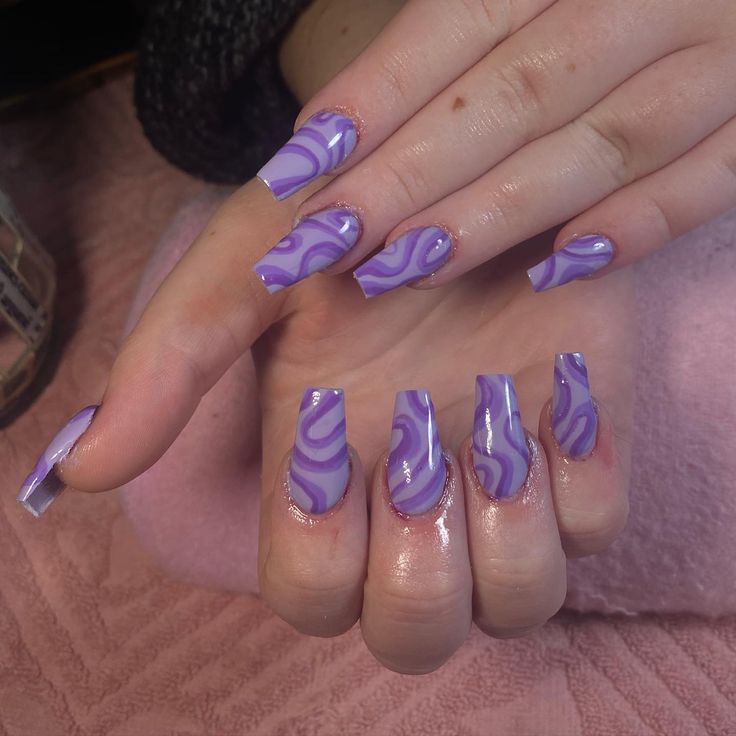 Purple Acrilyc Nails, Purple Nail Asthetic, Purple Squiggly Nails, Groovy Purple Nails, Crazy Purple Nails, Purple Pattern Nails, Purple Wave Nails, Purple Retro Nails, Purple Swirly Nails