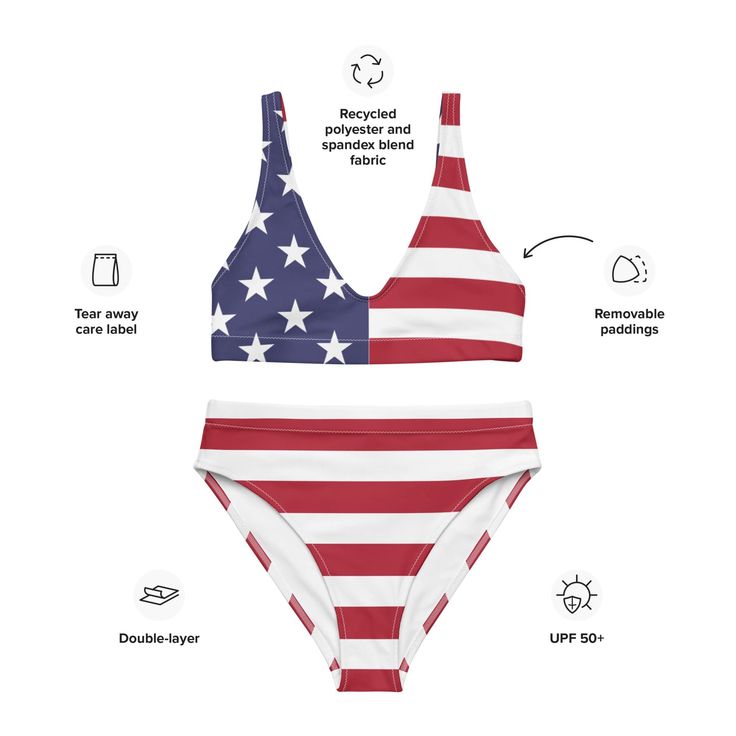 America Flag High Waisted Bikini Set - For a Patriotic Summer Look! Make a statement with the stylish and comfortable America Flag High Waisted Bikini Set. This bikini, printed with the iconic colors of the American flag, is perfect for any patriot looking to show their love for the United States! The high-waisted cut offers a flattering fit for every body type, with sizes available from XS to 3XL. Made from recycled polyester and elastane, this bikini provides both durability and comfort. The r Summer Flag Print Swimwear For Poolside, Summer Swimwear With Flag Print For Pool, Flag Print Swimwear For Pool And Beach Season, Flag Print Swimwear For Summer Vacation, Summer Flag Print Swimwear For Vacation, Flag Print Swimwear For Beach Season, Vacation Swimwear With Flag Print And Triangle Top, Flag Print Triangle Top Swimwear For Vacation, Flag Print Triangle Top Swimwear For Poolside