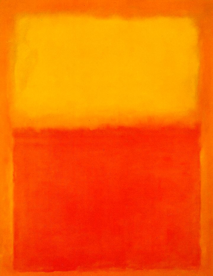 an abstract painting with yellow and red colors