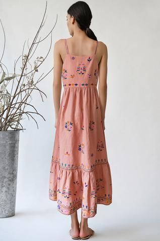 Shop for Umbar Pink Cotton Linen Embroidered Dress for Women Online at Aza Fashions Embroidery Shoulder, Pink Embroidery, Pink Maxi, Pink Maxi Dress, Salmon Pink, Thread Work, Pink Cotton, Dress For Women, Embroidered Dress