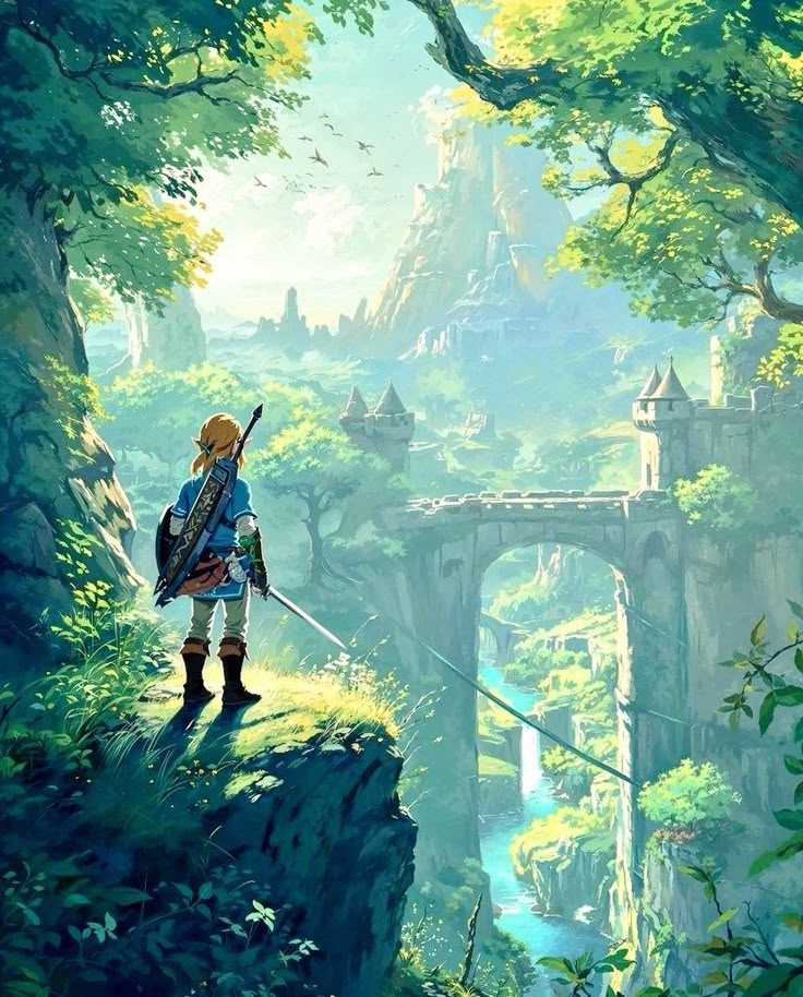 the legend of zelda standing on top of a cliff overlooking a river and bridge