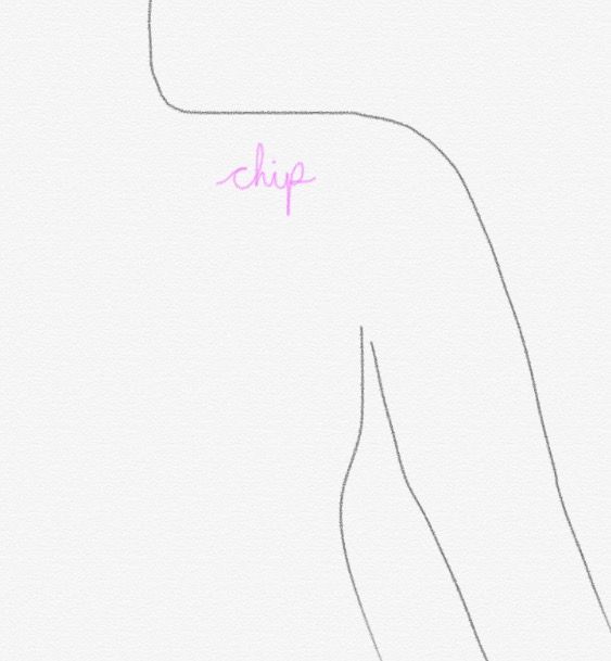 the outline of a person's body with pink writing on it