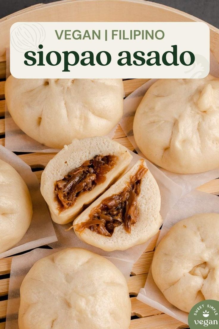 an image of some breads on a tray with the words vegan filipino sopao asado