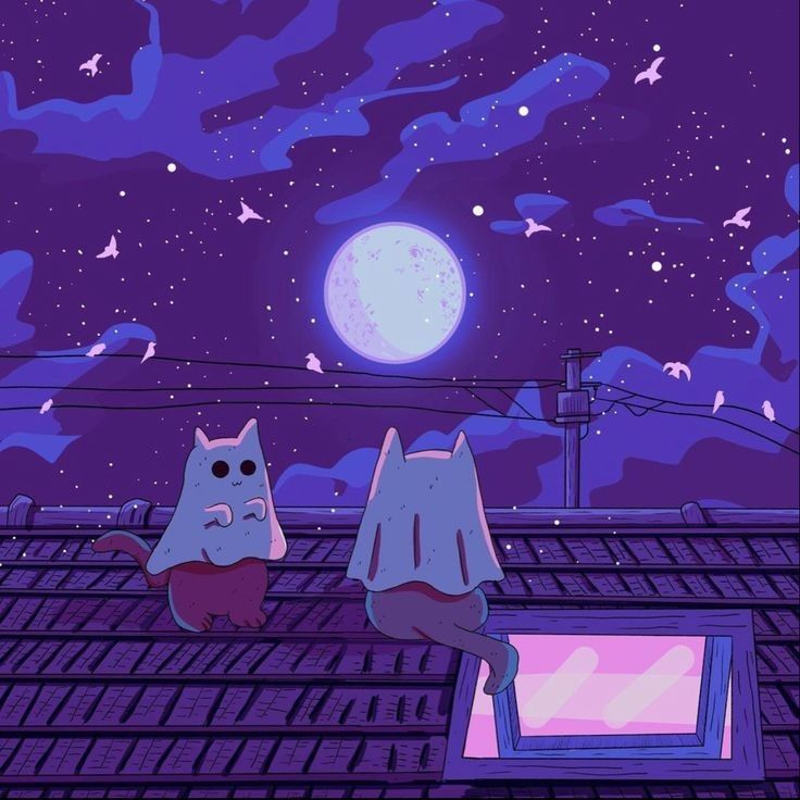 two cats sitting on top of a roof looking at the stars in the night sky