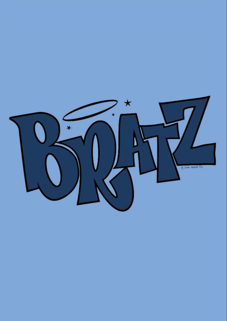 the word bratz is written in blue and black letters on a light blue background