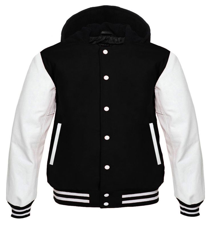 Hooded Varsity Lettermen baseball Jacket Black with White Genuine Leather Sleeves Custom Letterman School Jacket, Hoodie Jacket Women, Biker Jacket Men, Royal Clothing, Retro Sports, Leather Sleeves, Wholesale Shirts, Letterman Jacket, White Men