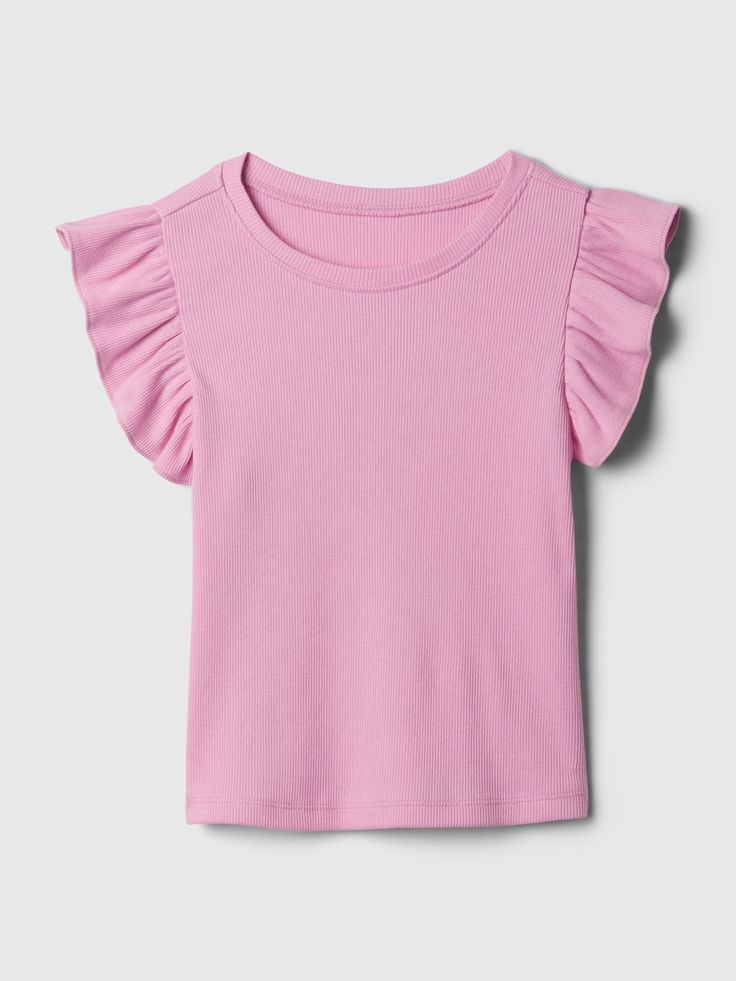 Soft cotton T-shirt.  Crewneck.  Short ruffle sleeves.  Straight, easy fit.  Hits at the hip.  Sizes range from baby to toddler. Cute Ruffled Crew Neck T-shirt, Cotton Ruffle T-shirt With Flutter Sleeves, Cotton T-shirt With Ruffles And Flutter Sleeves, Spring Cotton Short Sleeve Top With Ruffle Sleeves, Summer Ruffle T-shirt With Flutter Sleeves, Solid Color T-shirt With Ruffle Sleeves For Spring, Summer Ruffle Flutter Sleeve T-shirt, Cute Pink Ruffled T-shirt, Summer Flutter Sleeve Ruffled T-shirt