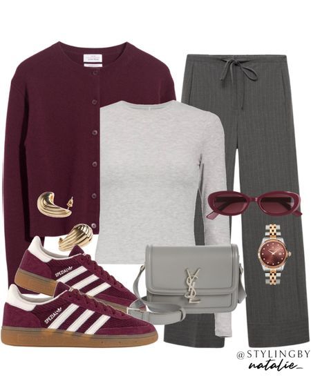 Grey And Burgundy Outfits For Women, Dark Winter Fall Outfits, Grey Cardigan Office Outfit, Casual Chic Work Outfit Office Wear, Burgundy Spezial Outfit, Work Autumn Outfits Women, Grey Samba Outfit, Burgundy Trouser Outfit Women, Burgundy Trainers Outfit