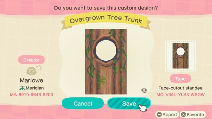 an animal crossing game screen with the caption'do you want to save this custom design? overgrown tree trunk '