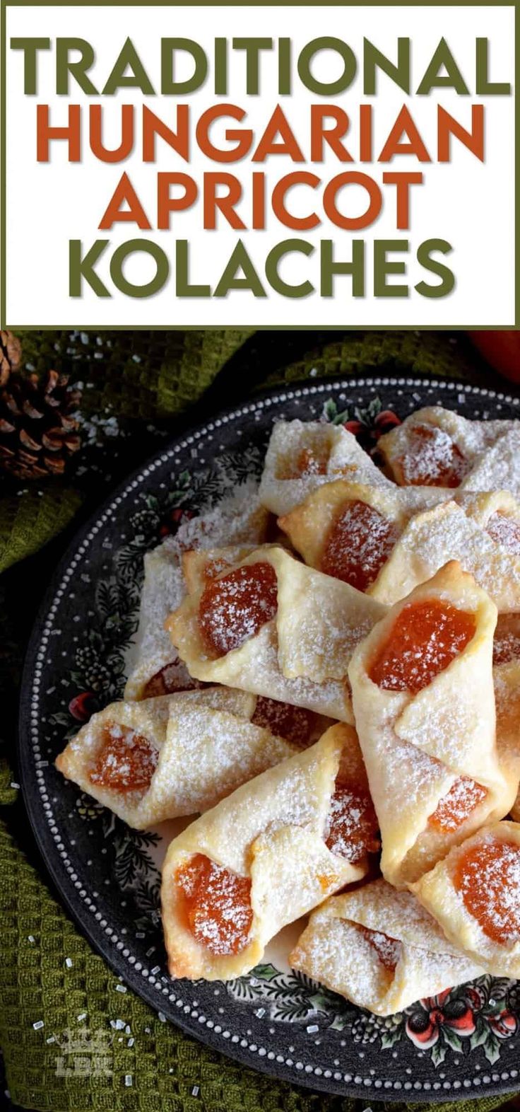 traditional hungarian apricot kolaaches on a black plate with pine cones in the background