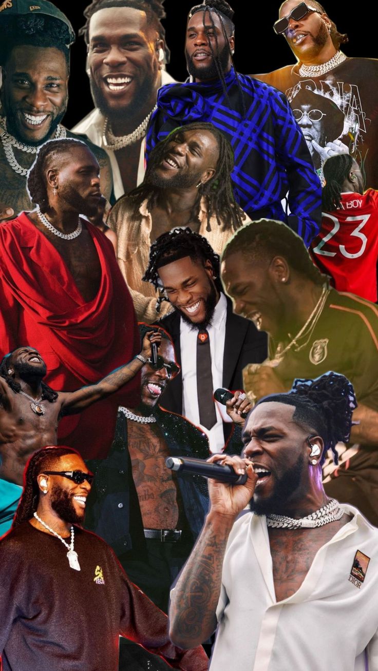 a collage of rappers including young men, women and children in the background