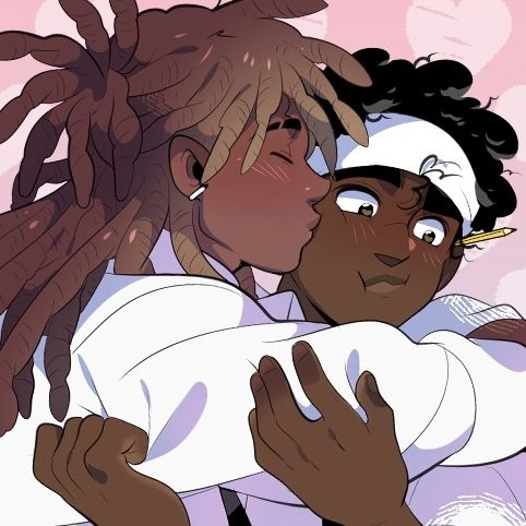 two black women with dreadlocks kissing each other in front of a pink background