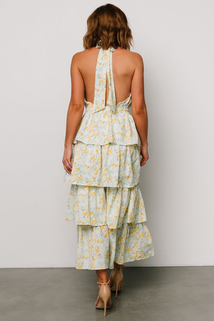 A perfect piece for those fun-in-the-sun moments and memories Off white with yellow, blue, and green floral print Chiffon material has no stretch Plunge halter neck with self-tie Open back style Inverted V waistline Elastic waistband Tiered skirt that is lined until bottom tier Self and Lining: 100% Polyester Marianne is 5'6, cup size 34D, size 6 and wearing size S Baltic Born, Floral Print Chiffon, Green Floral Print, Chiffon Material, Denim Romper, Tier Skirt, Cup Size, Print Chiffon, Tiered Skirt