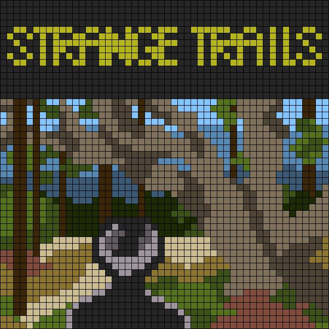 a cross - stitch pattern with the words strange trails in yellow and black on it