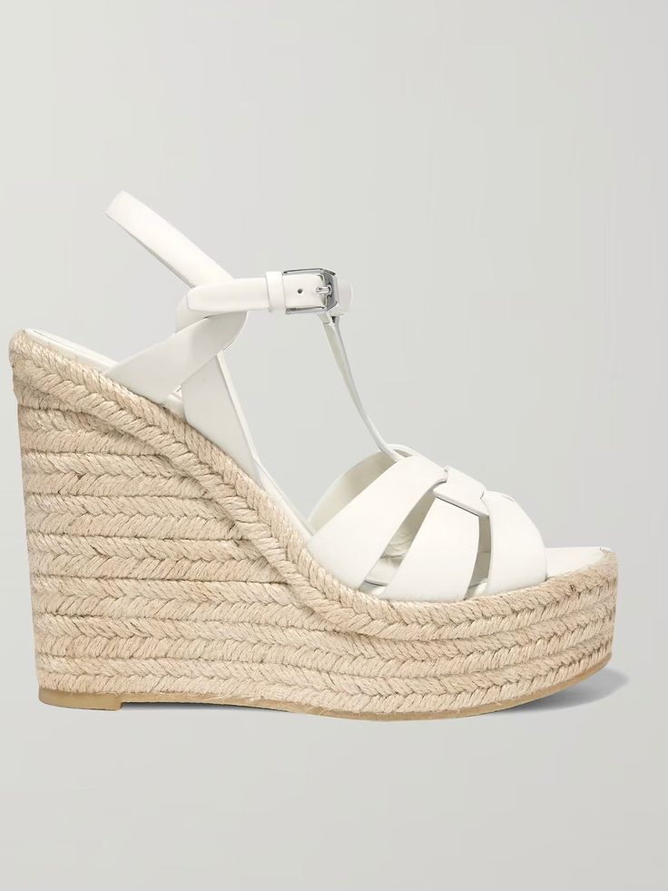 Looking for secured style for the spring/summer months? Bring the heat in a pair of these espadrilles. These casual, rope-soled shoes are usually flat but sometimes wedge heels are just what you need to elevate your look. Whether you're shopping for espadrille sandals with a flexible sole to wear with a summer midi dress or warm-weather shoes for vibing by the pool, a pair of these comfortable shoes is always a winner. Style: Wedges. Fabric: Pu Buckle strap. Open toe. Ankle tied. Rubber sole. Front heel height 2” in. Rear heel height 3.85” in. Color may be lighter or darker depending of the device it is displayed. High Heel Wedges Platform, Wedge High Heels, Espadrilles Sneakers, Summer Midi Dress, Chanel #1, Visor Sunglasses, White Wedges, High Heels Sandals, High Heel Wedges