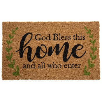 a door mat that says, god bless this home and all who enter