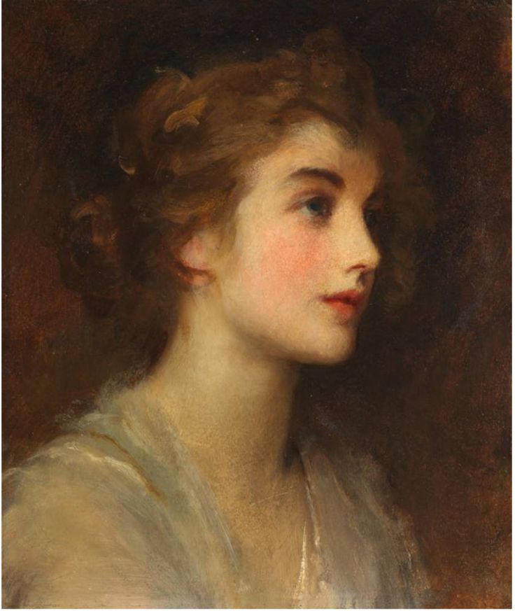 an oil painting of a woman with curly hair wearing a white dress and looking off to the side