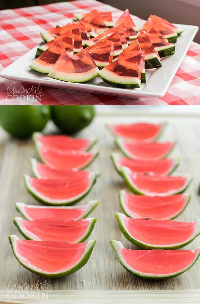 slices of watermelon are arranged on a plate and placed on a cutting board