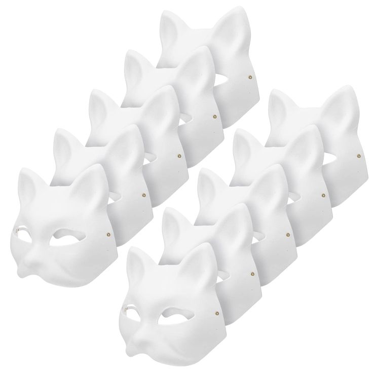 six white cat masks are lined up in a row