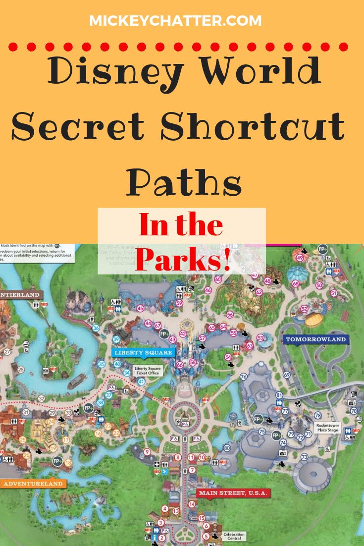 the disney world secret shortcut paths in the park with text overlaying it