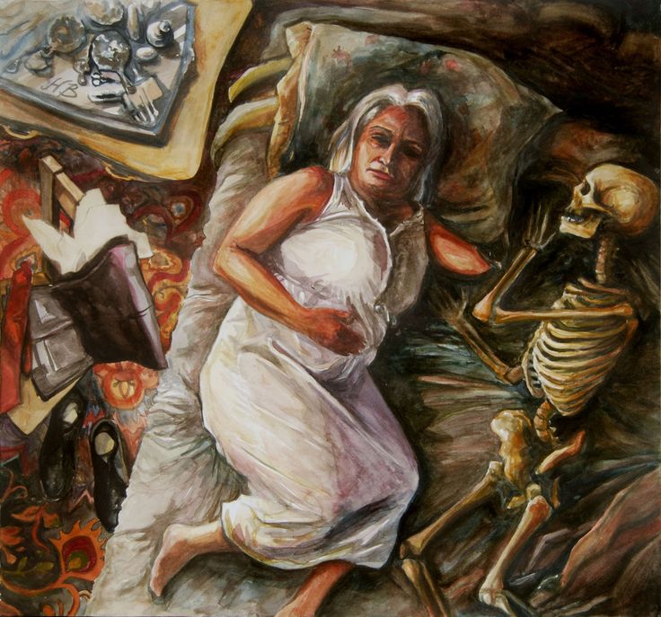 a painting of a woman laying in bed with a skeleton next to her on the floor