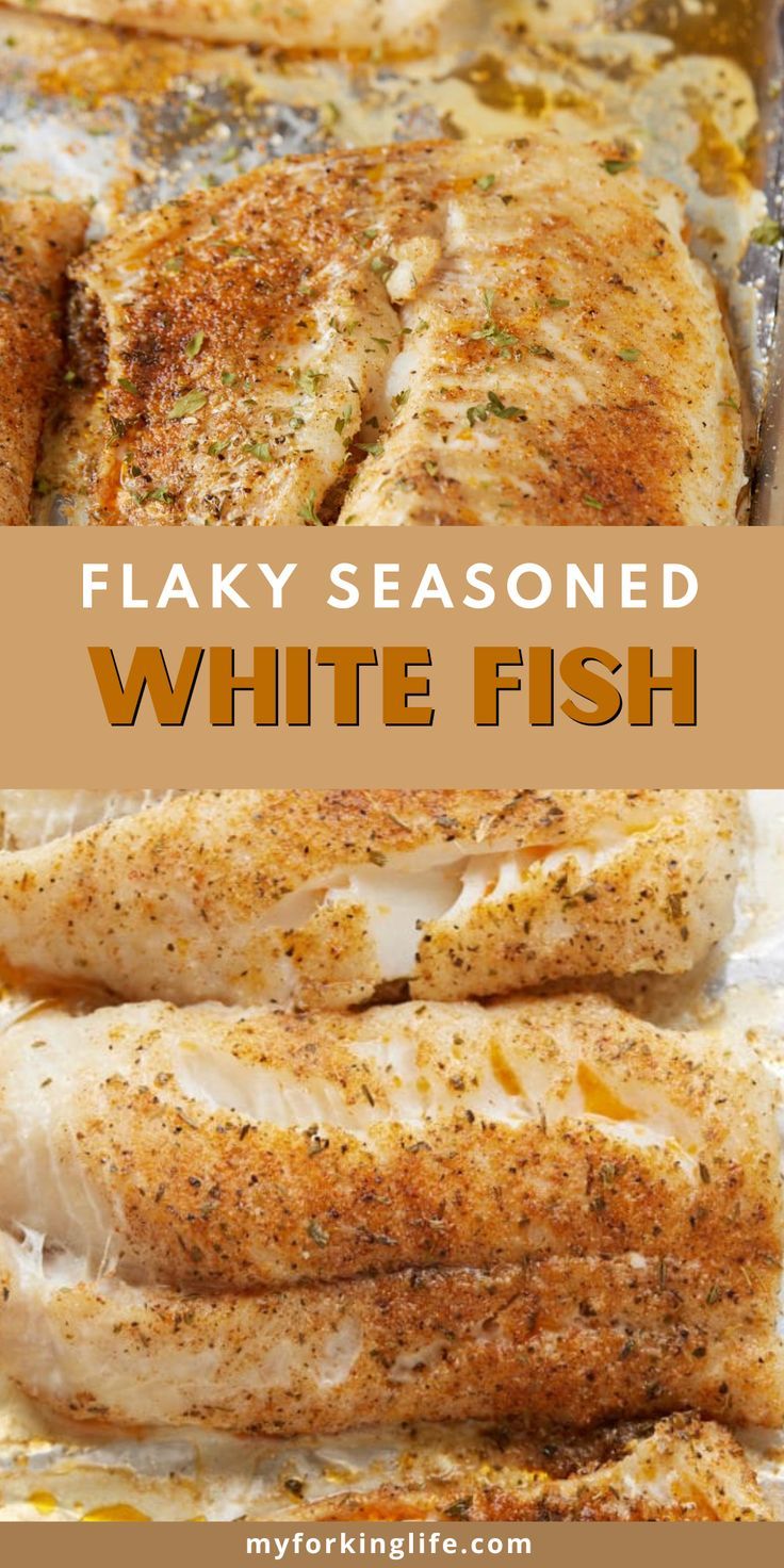 flaky seasoned white fish in a pan with text overlay