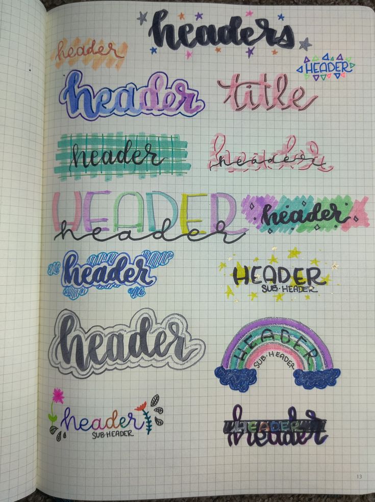 an open notebook with writing on it and some words written in different colors, shapes and sizes