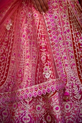 Peach pink and ribbon red raw silk lehenga with an attached cancan and multi-colored gota and thread applique embroidery. Comes with a padded blouse, a dupatta and a belt. - Aza Fashions Pink Chanderi Lehenga With Intricate Embroidery, Pink Saree With Intricate Embroidery For Transitional Season, Transitional Pink Saree With Intricate Embroidery, Pink Saree For Reception And Festivals, Transitional Pink Raw Silk Lehenga, Transitional Silk Choli In Pink, Transitional Pink Tissue Silk Lehenga, Transitional Pink Raw Silk Choli, Pink Chanderi Lehenga For Festivals