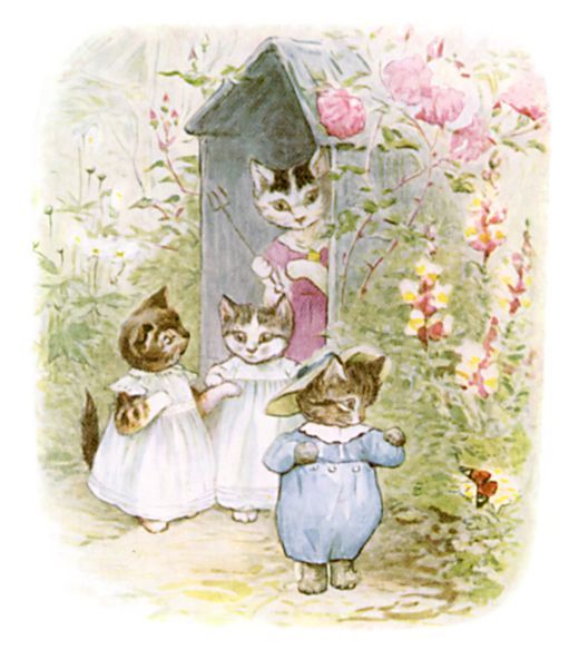 three cats are standing in front of a birdhouse and two kittens look at it