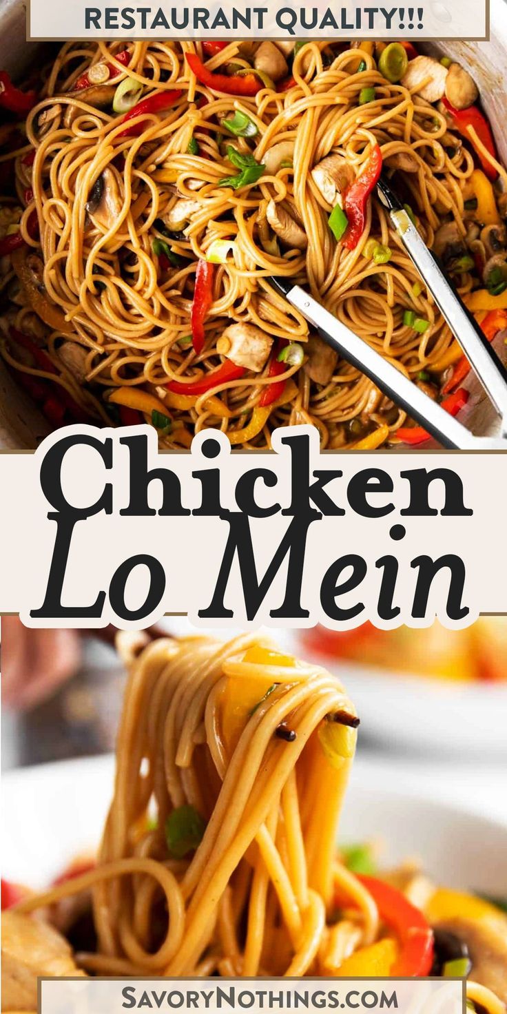 chicken lo mein with noodles and vegetables in a pan