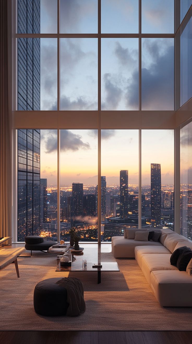 a living room filled with furniture and large windows overlooking the city at sunset or dawn