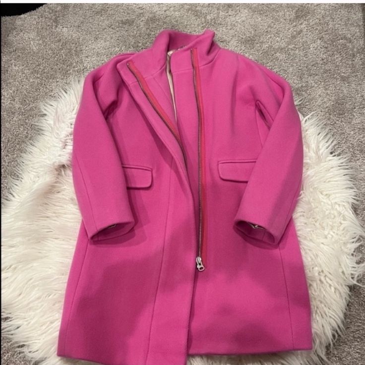 Pink Jacket, Brand New Size 2 Winter Workwear Blazer With Zipper Closure, Winter Long Sleeve Blazer With Zipper Closure, Chic Winter Blazer With Zipper Closure, Long Sleeve Blazer With Zipper Closure For Winter, Pink Zipper Closure Outerwear For Fall, Fitted Pink Outerwear With Zipper Closure, Pink Coat Outfit, Charcoal Blazer, Grey Wool Suit