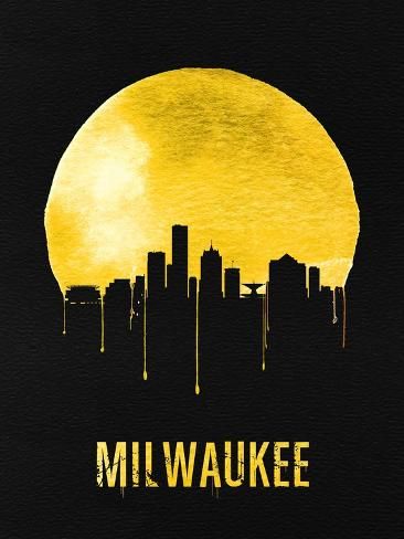 the silhouette of a city in front of a full moon with words milwaukee on it