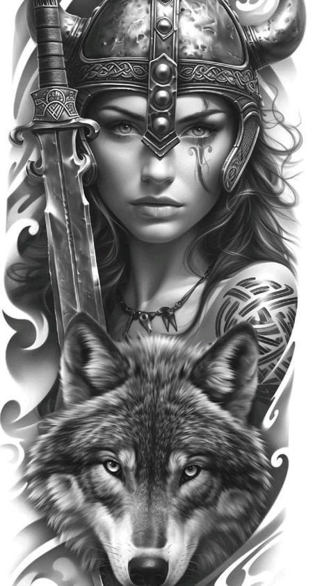 Warrior Wolf Tattoo, Worrier Women, Female Symbol Tattoo, Warrior Woman Tattoo, Goddess Tattoo Design, Viking Warrior Tattoos, Viking Warrior Woman, Female Warrior Tattoo, Valkyrie Tattoo